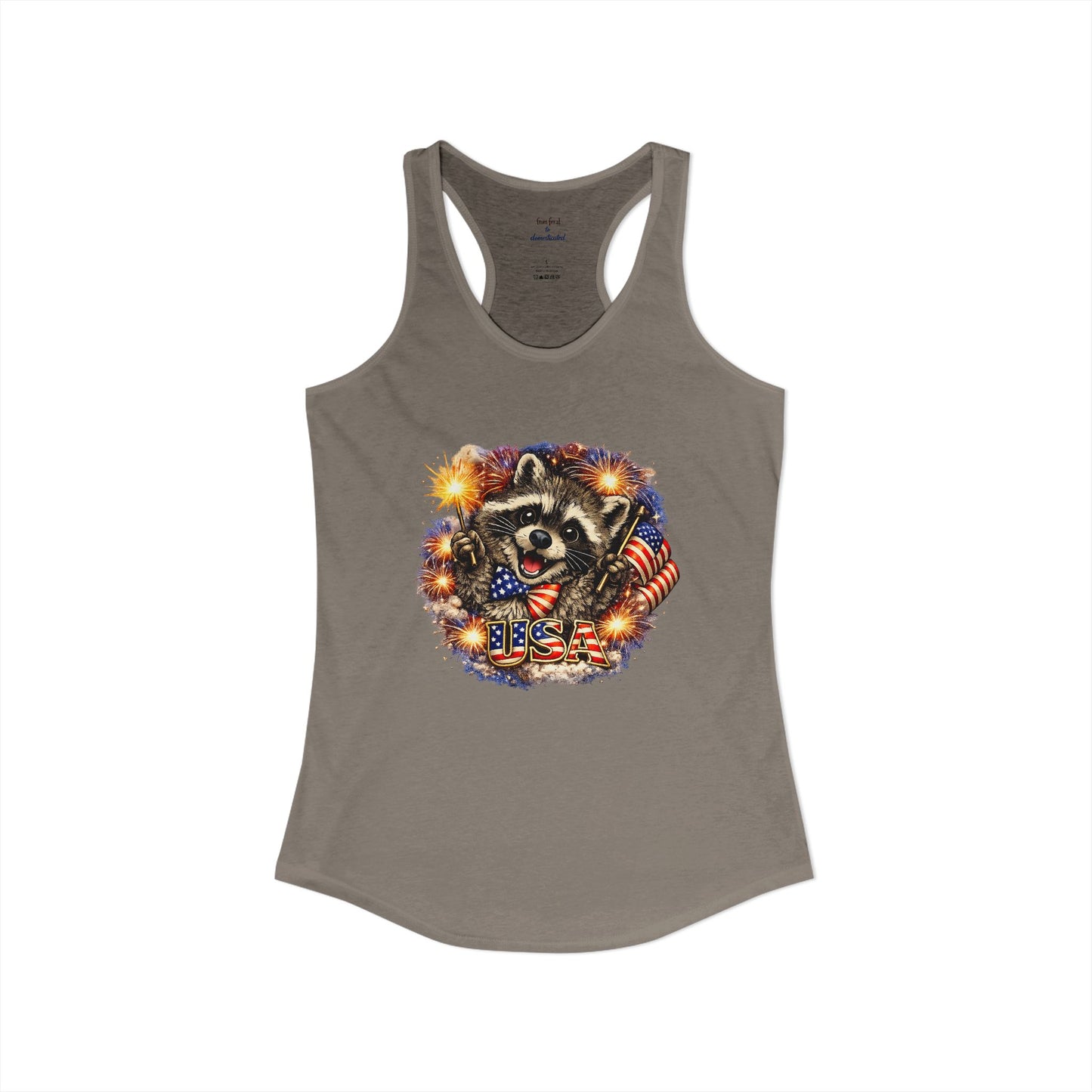 Patriotic Raccoon 4th of July Tank — Raccoon on 250 with Flag & Fireworks Racerback Tank