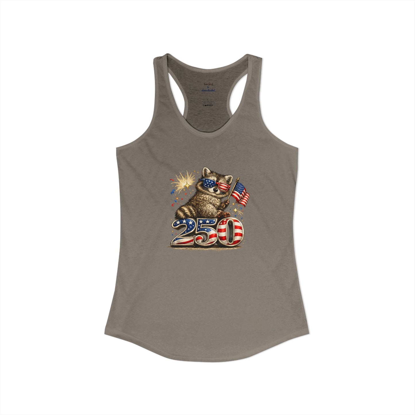 Patriotic Raccoon 4th of July Tank — Raccoon on 250 with Flag & Fireworks Racerback Tank