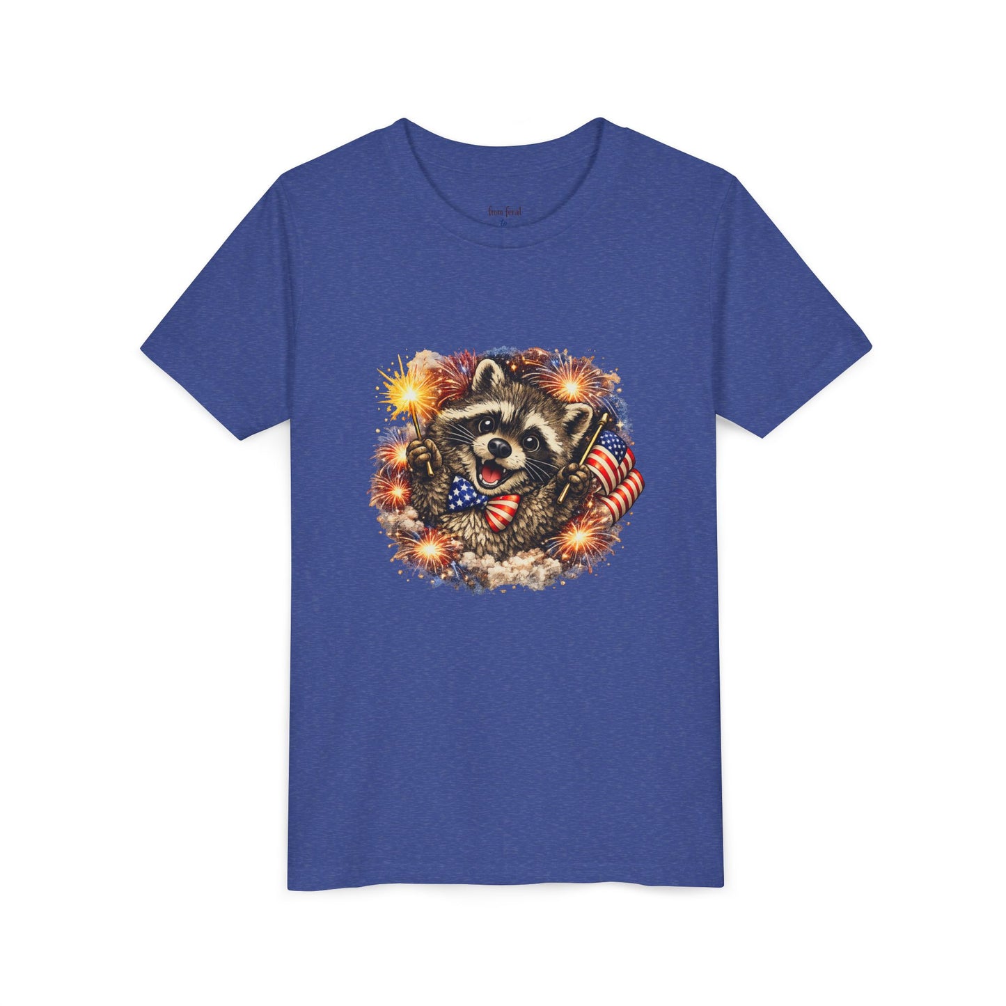 Patriotic Raccoon Youth Tee — Raccoon with American Flag & Fireworks