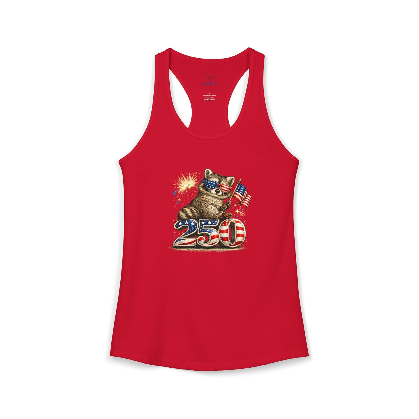 Patriotic Raccoon 4th of July Tank — Raccoon on 250 with Flag & Fireworks Racerback Tank