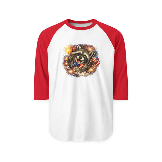 Patriotic Raccoon 250 Raglan Shirt — Fourth of July Fireworks Tee