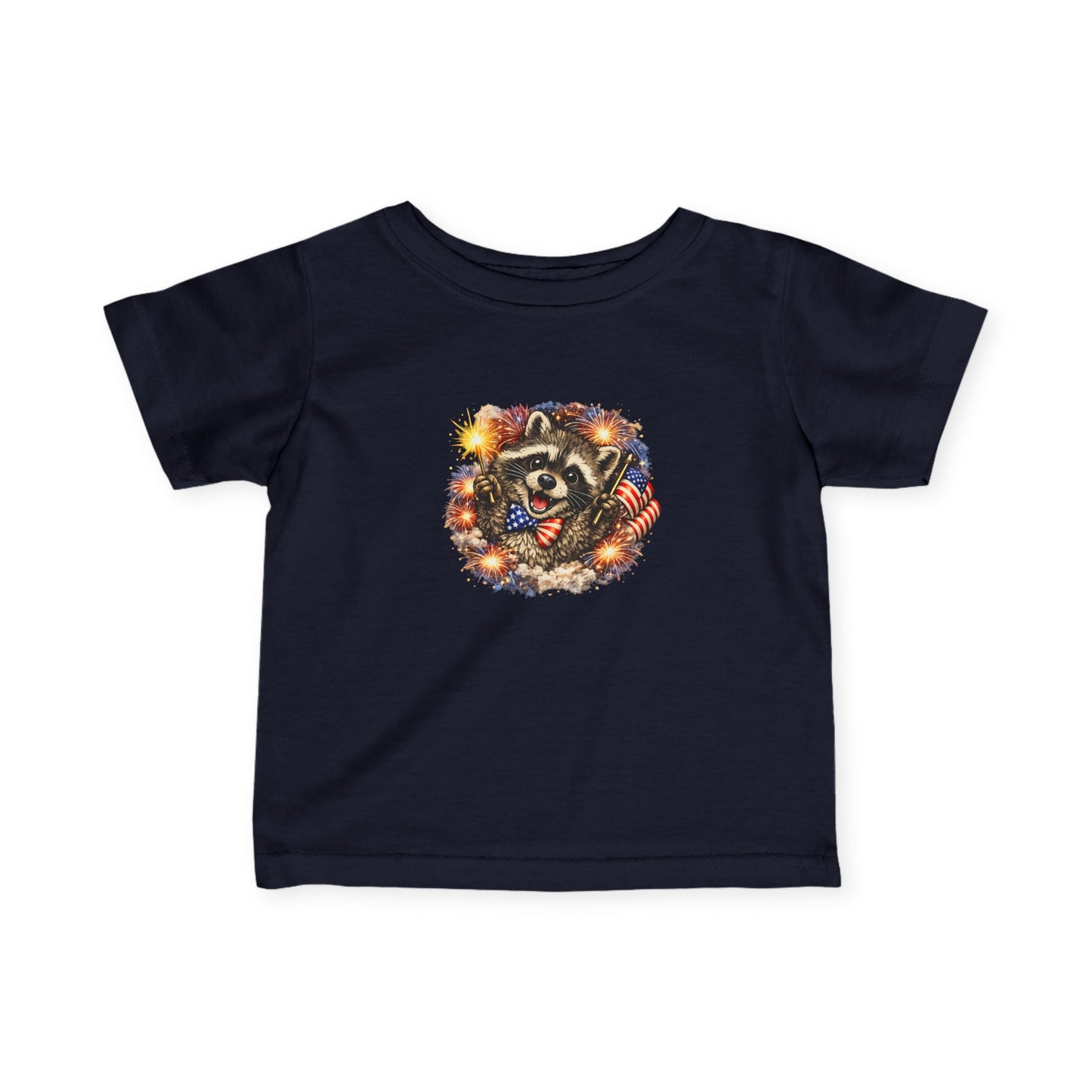 Infant Tee — Adorable Raccoon Holding American Flag "250" — 4th of July Baby Shirt