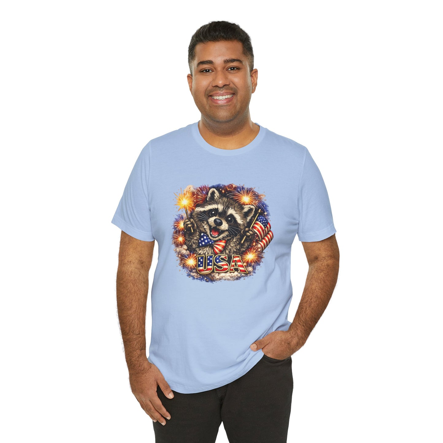 Patriot Raccoon 250th Anniversary T-Shirt — 4th of July Fireworks Flag Tee