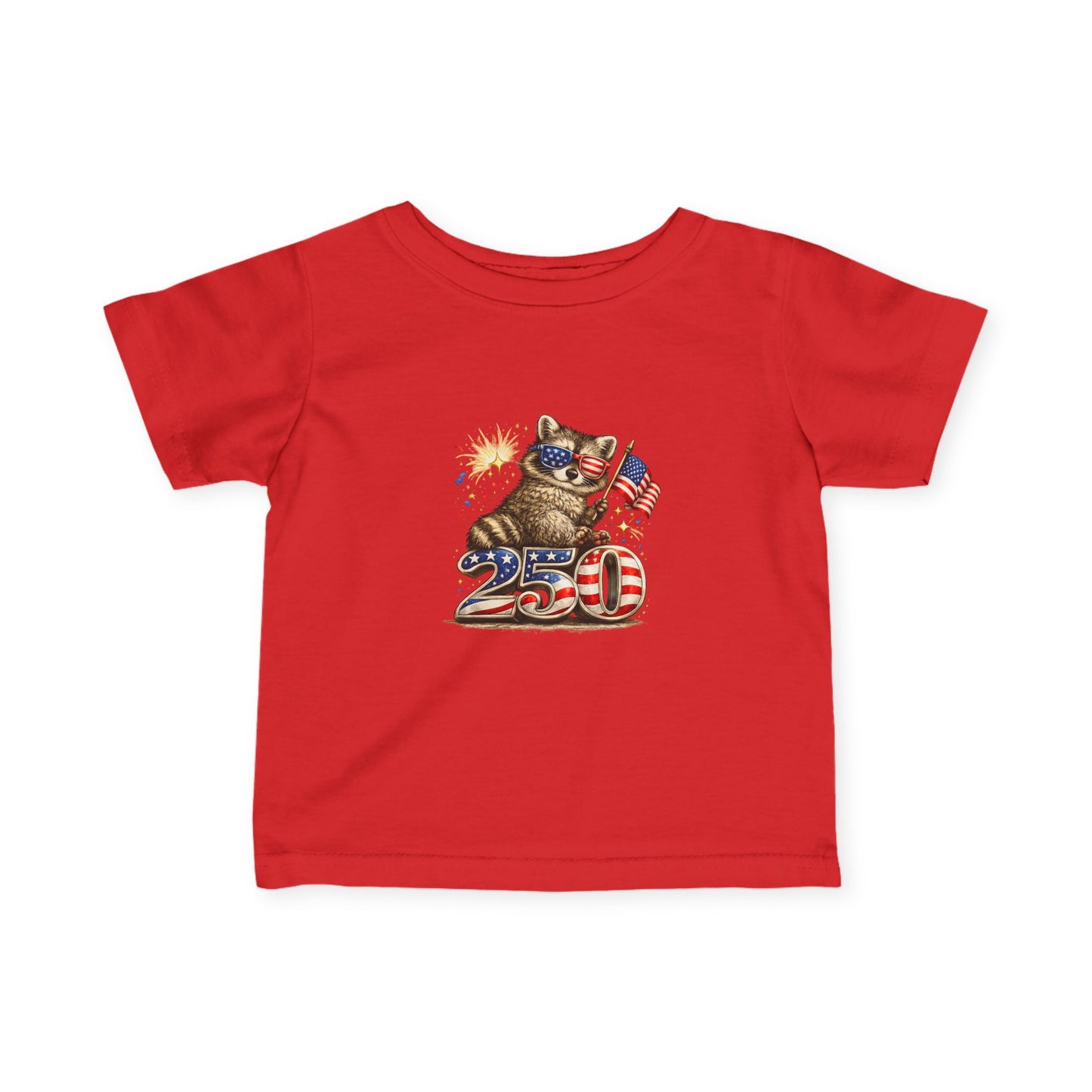 Infant Tee — Adorable Raccoon Holding American Flag "250" — 4th of July Baby Shirt