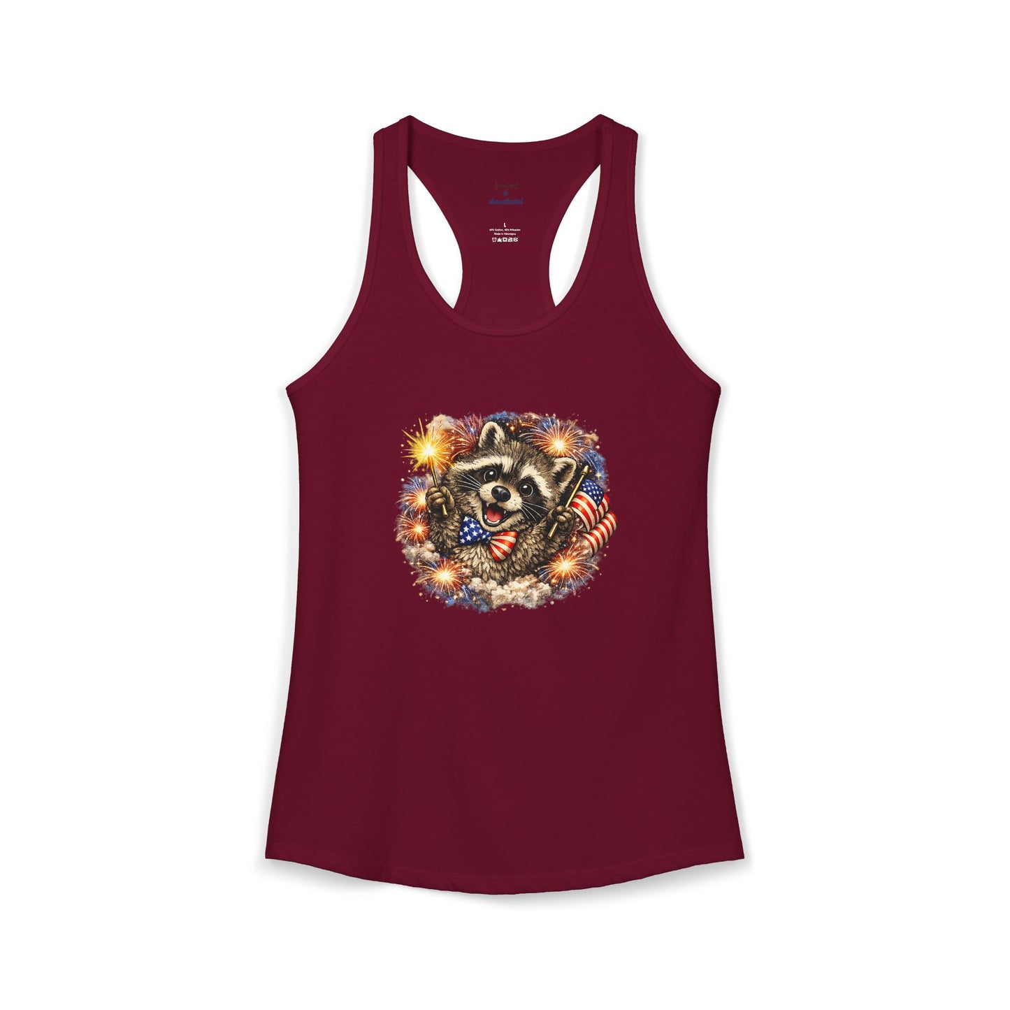 Patriotic Raccoon 4th of July Tank — Raccoon on 250 with Flag & Fireworks Racerback Tank
