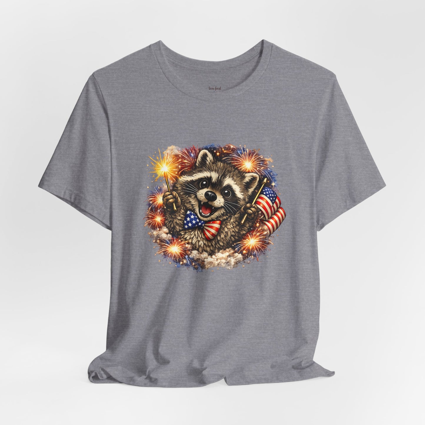 Patriot Raccoon 250th Anniversary T-Shirt — 4th of July Fireworks Flag Tee