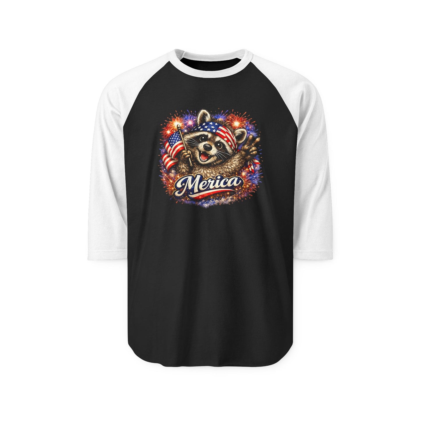 Copy of Patriotic Raccoon 250 Raglan Shirt — Fourth of July Fireworks Tee