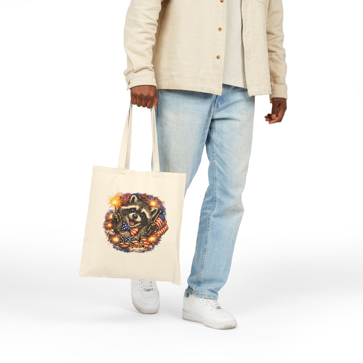 Patriotic Raccoon Fireworks Tote Bag — '250' Canvas Tote for Fourth of July