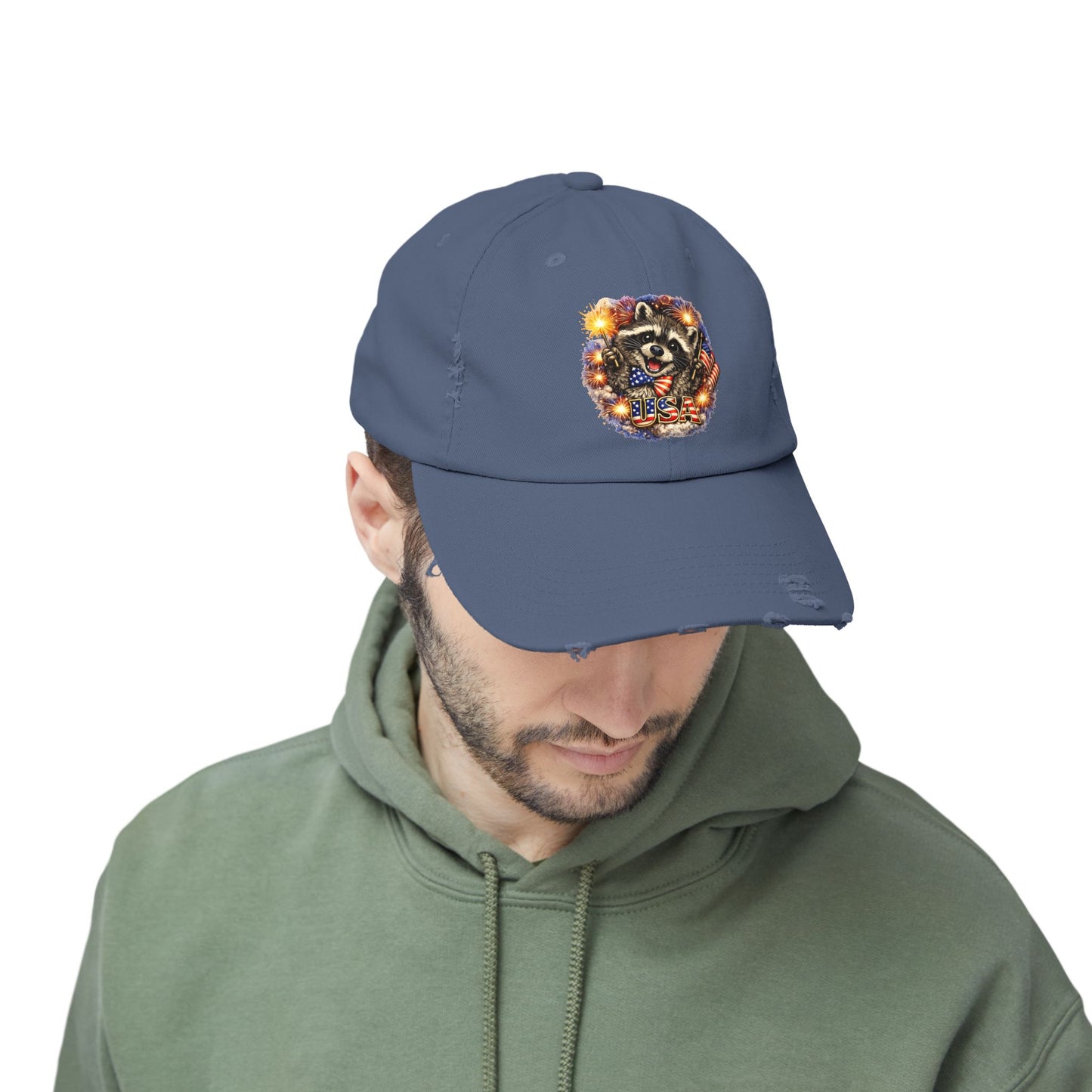 Patriotic Raccoon 250 Cap — Fireworks & Flag Distressed Baseball Hat