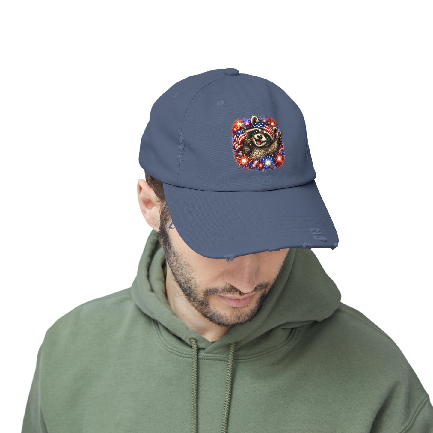 Patriotic Raccoon 250 Cap — Fireworks & Flag Distressed Baseball Hat