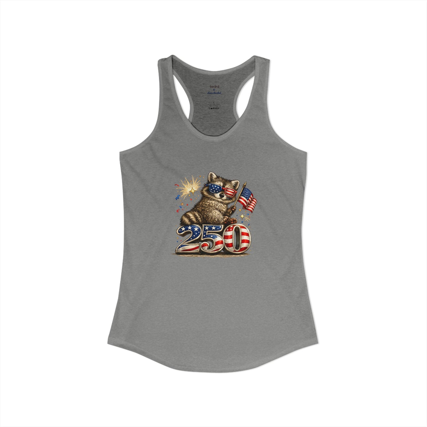 Patriotic Raccoon 4th of July Tank — Raccoon on 250 with Flag & Fireworks Racerback Tank