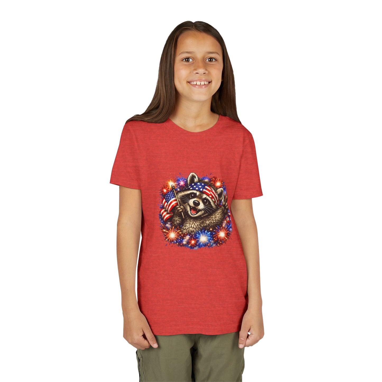 Patriotic Raccoon Youth Tee — Raccoon with American Flag & Fireworks