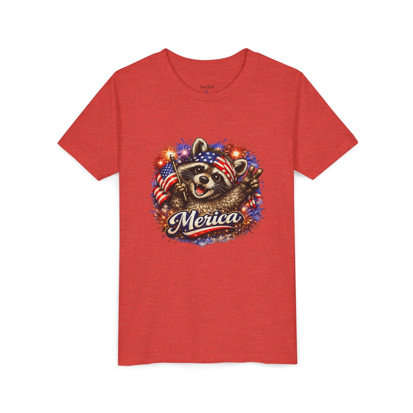 Patriotic Raccoon Youth Tee — Raccoon with American Flag & Fireworks
