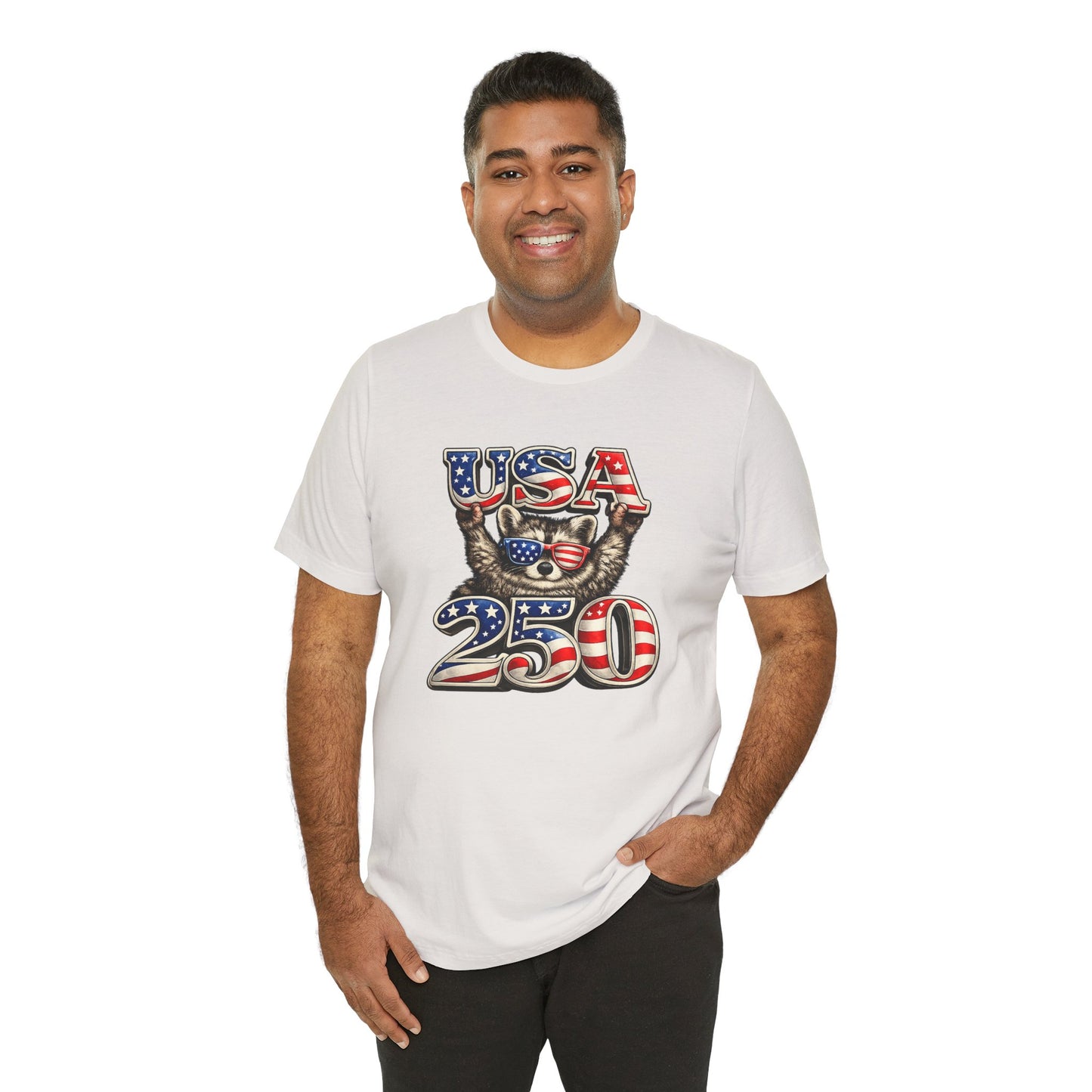Patriot Raccoon 250th Anniversary T-Shirt — 4th of July Fireworks Flag Tee