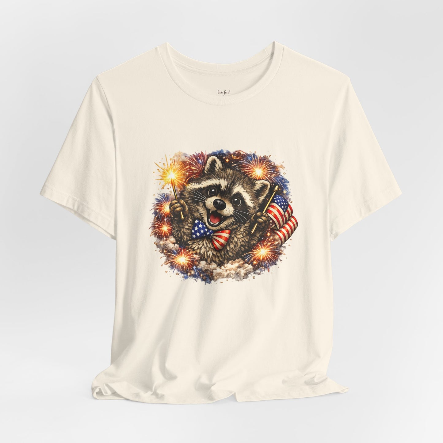 Patriot Raccoon 250th Anniversary T-Shirt — 4th of July Fireworks Flag Tee
