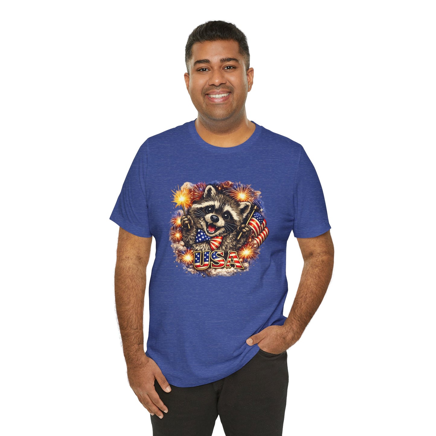 Patriot Raccoon 250th Anniversary T-Shirt — 4th of July Fireworks Flag Tee
