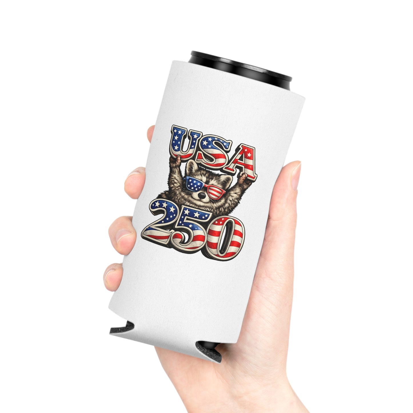 Patriotic Raccoon 250 Can Cooler – USA Flag, 4th of July Drink Koozie