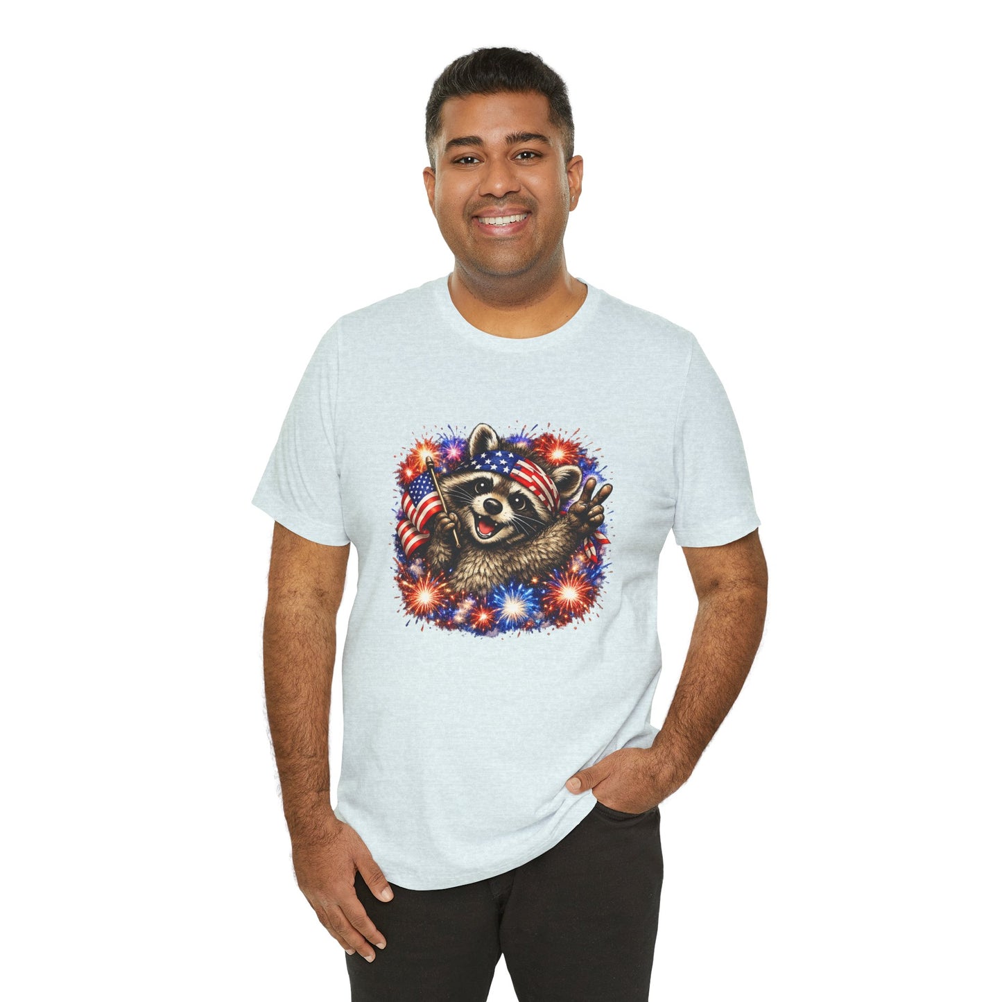 Patriot Raccoon 250th Anniversary T-Shirt — 4th of July Fireworks Flag Tee