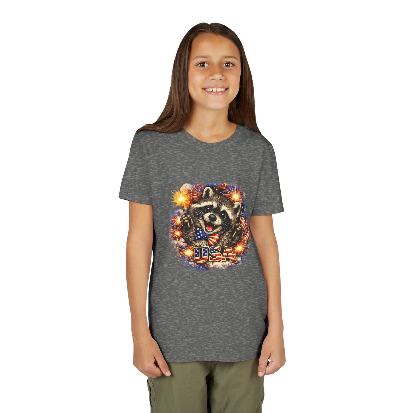 Patriotic Raccoon Youth Tee — Raccoon with American Flag & Fireworks