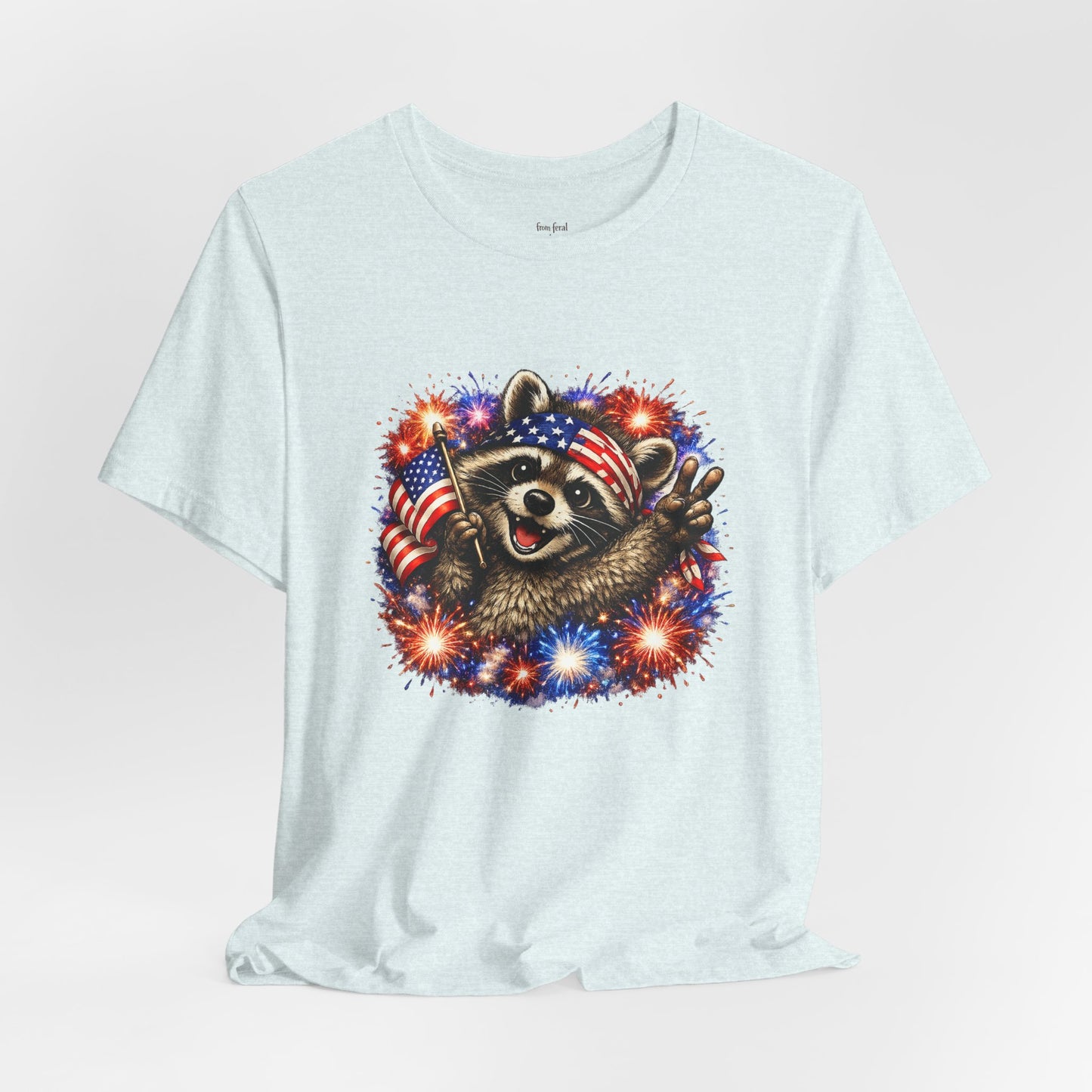 Patriot Raccoon 250th Anniversary T-Shirt — 4th of July Fireworks Flag Tee