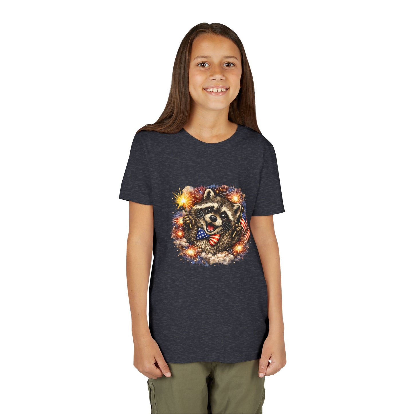 Patriotic Raccoon Youth Tee — Raccoon with American Flag & Fireworks