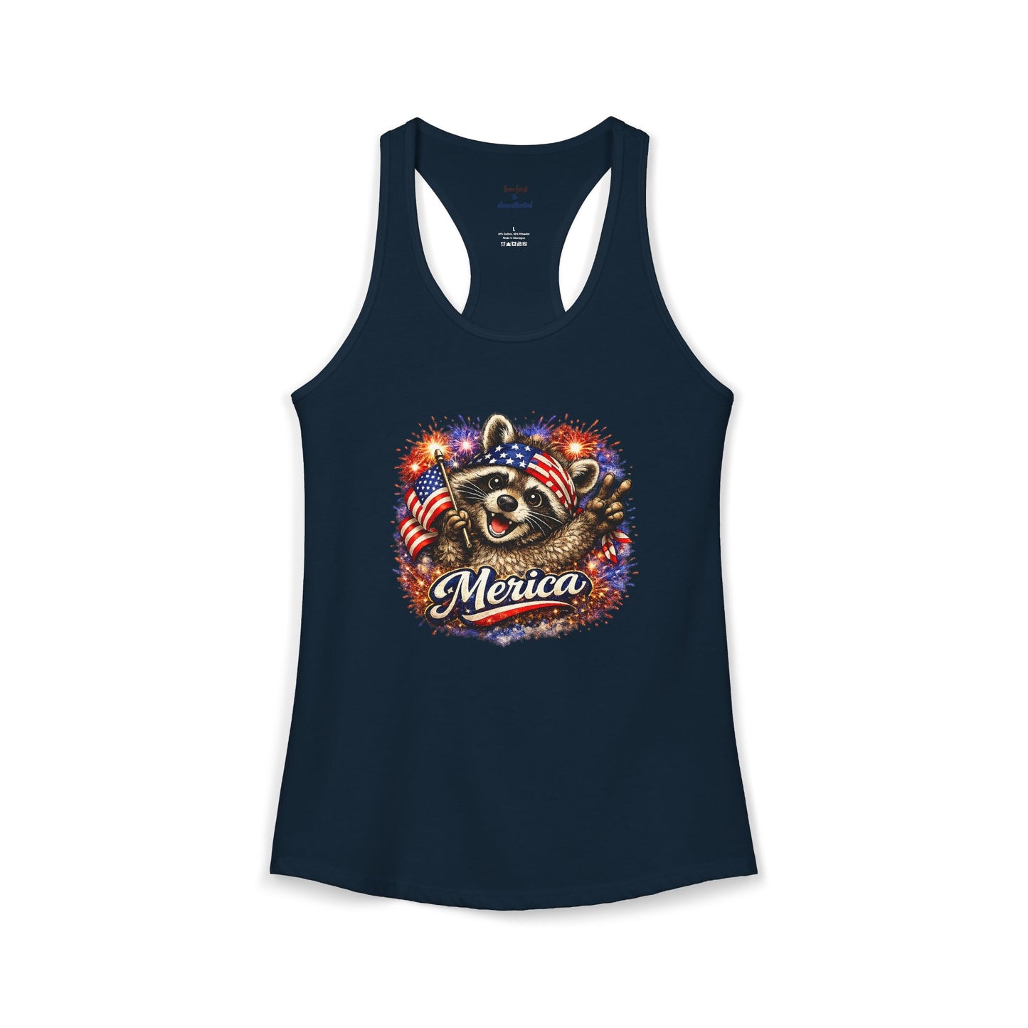 Patriotic Raccoon 4th of July Tank — Raccoon on 250 with Flag & Fireworks Racerback Tank