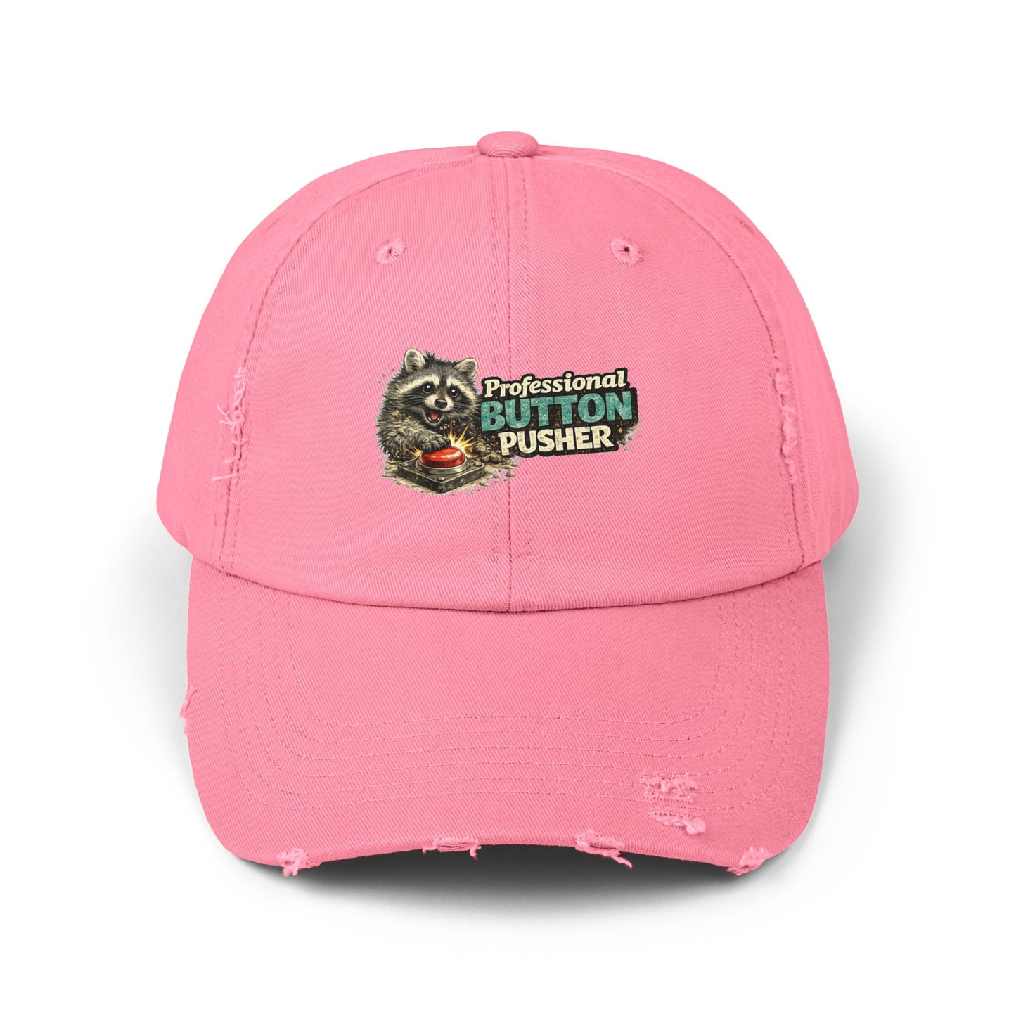 Button Pusher Distressed Cap — Raccoon Mom/Dad Funny Dad Hat