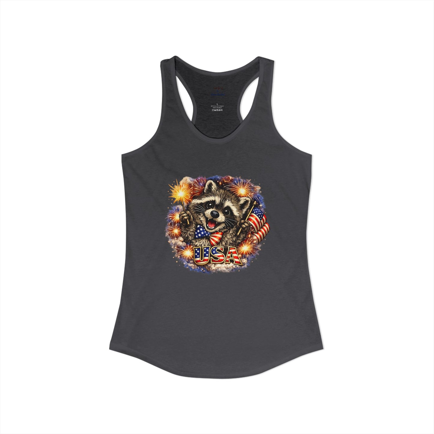 Patriotic Raccoon 4th of July Tank — Raccoon on 250 with Flag & Fireworks Racerback Tank