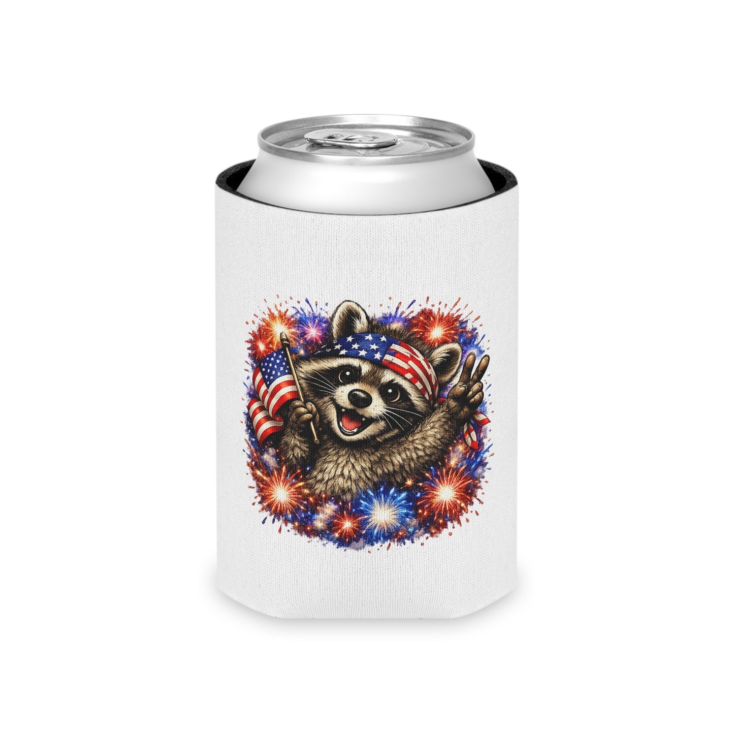 Patriotic Raccoon 250 Can Cooler – USA Flag, 4th of July Drink Koozie