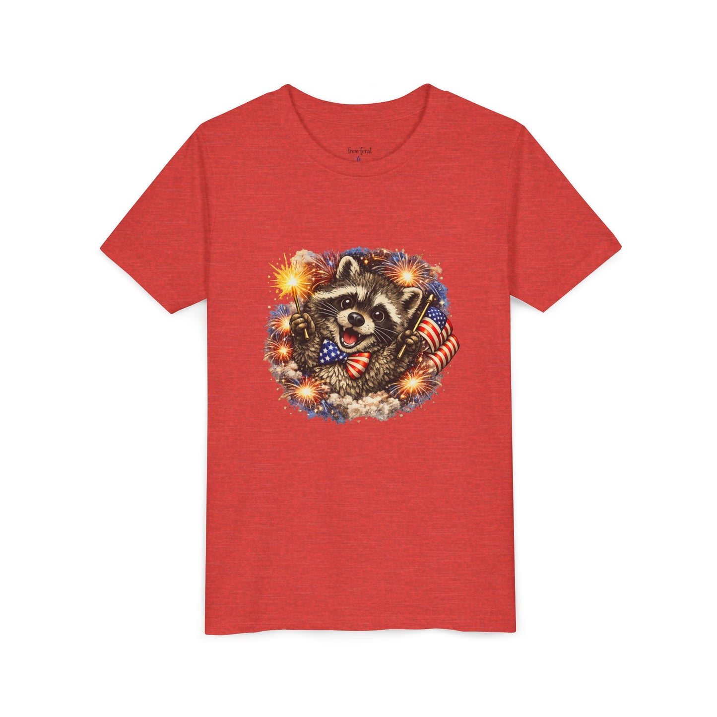 Patriotic Raccoon Youth Tee — Raccoon with American Flag & Fireworks