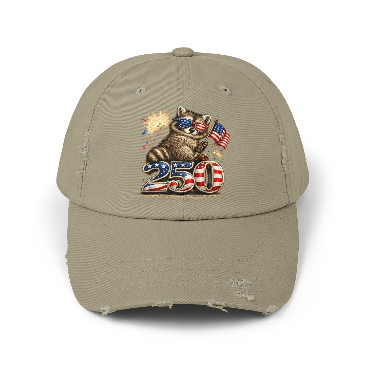 Patriotic Raccoon 250 Cap — Fireworks & Flag Distressed Baseball Hat