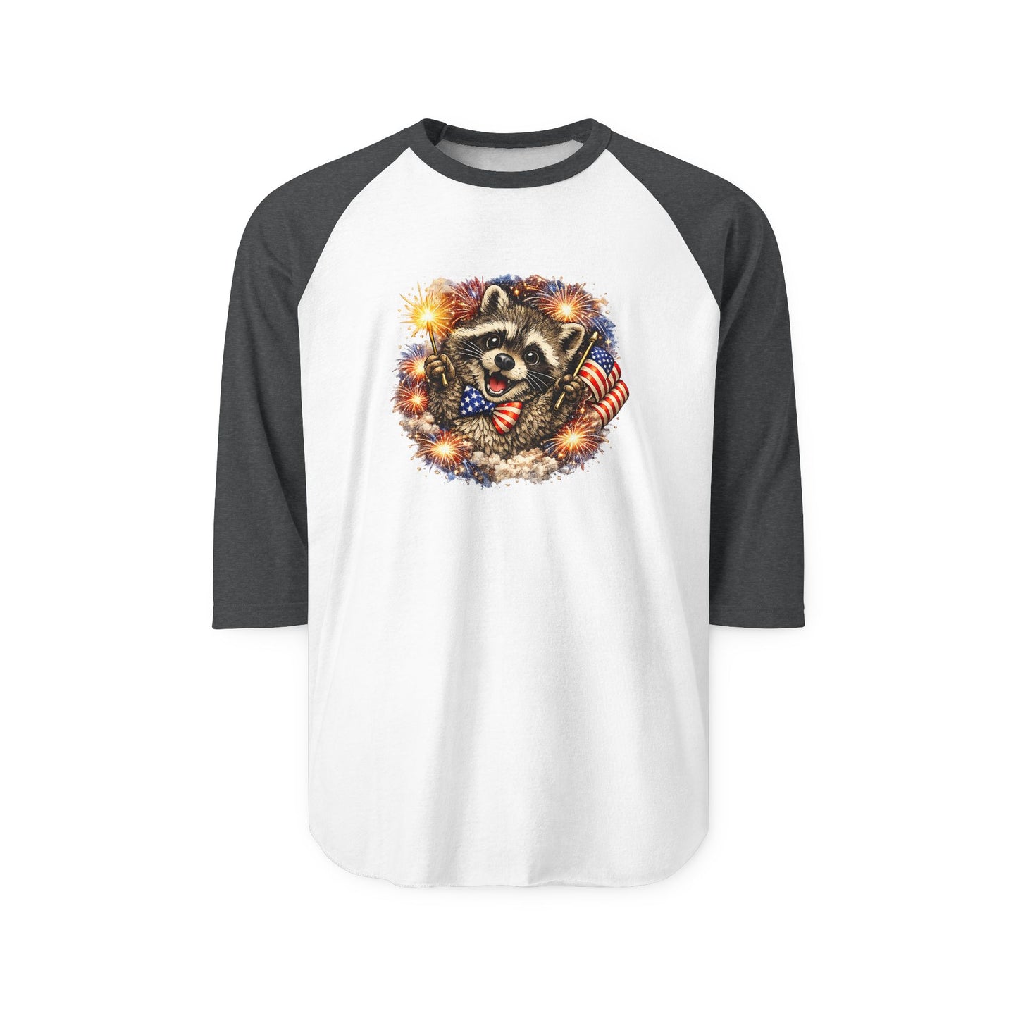 Patriotic Raccoon 250 Raglan Shirt — Fourth of July Fireworks Tee
