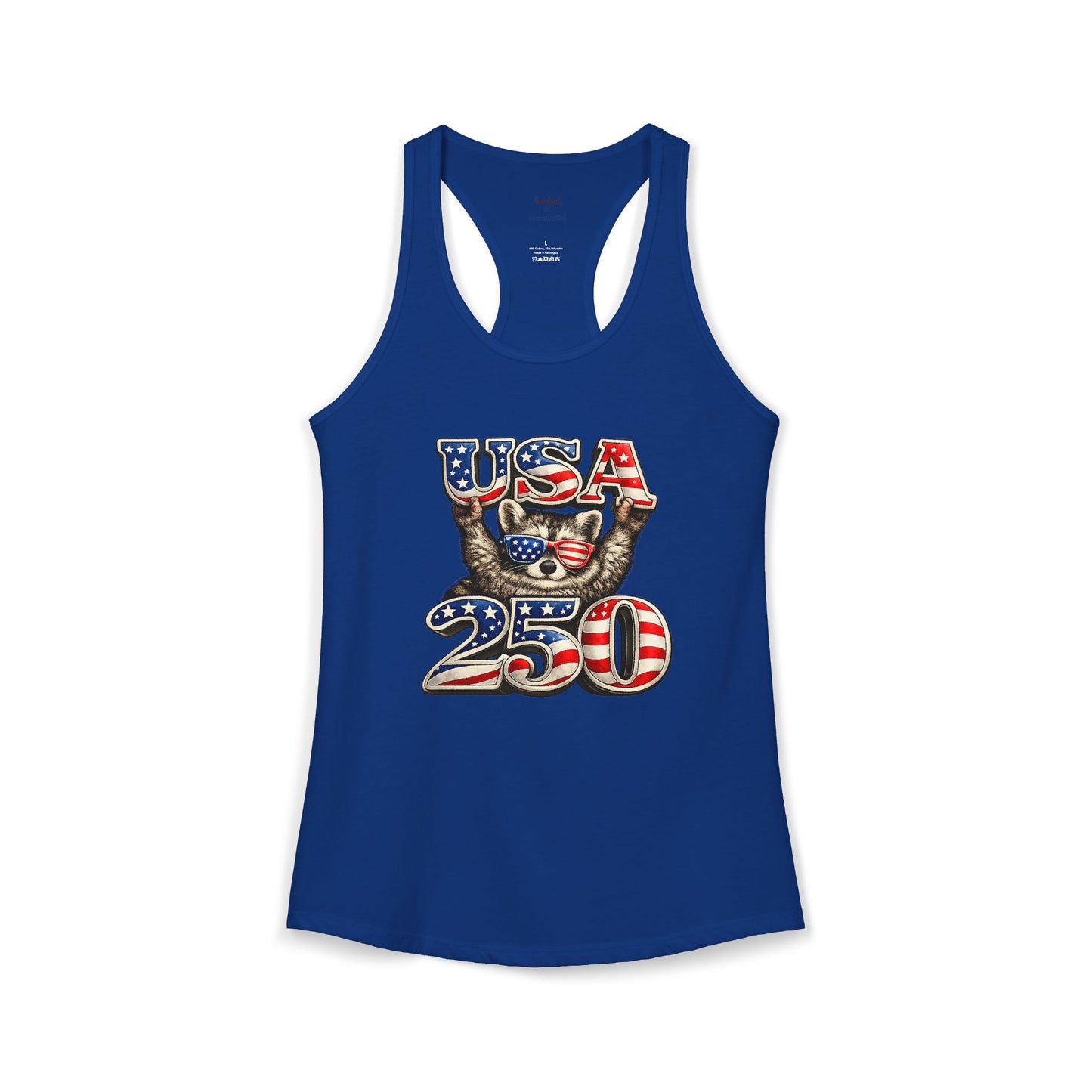 Patriotic Raccoon 4th of July Tank — Raccoon on 250 with Flag & Fireworks Racerback Tank