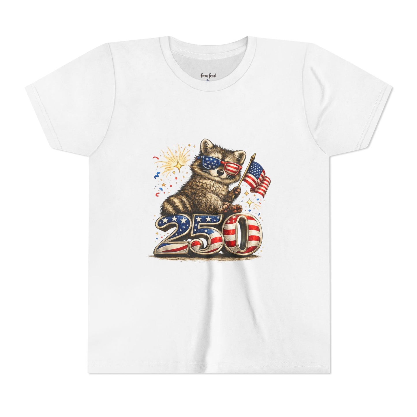 Patriotic Raccoon Youth Tee — Raccoon with American Flag & Fireworks
