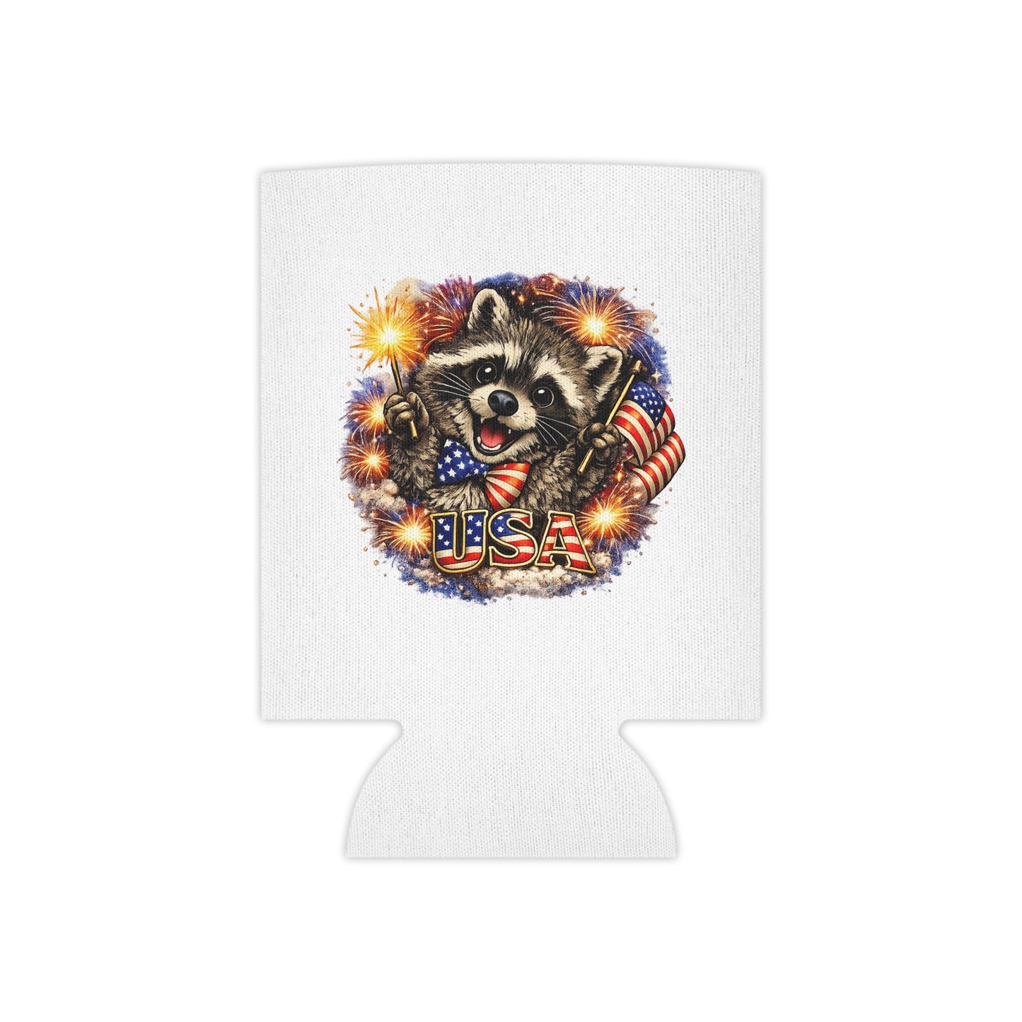 Patriotic Raccoon 250 Can Cooler – USA Flag, 4th of July Drink Koozie