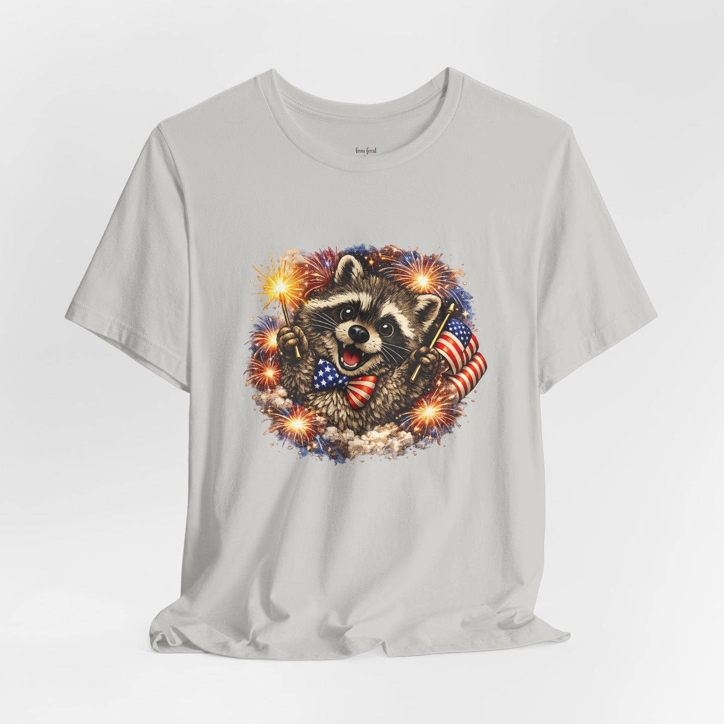 Patriot Raccoon 250th Anniversary T-Shirt — 4th of July Fireworks Flag Tee