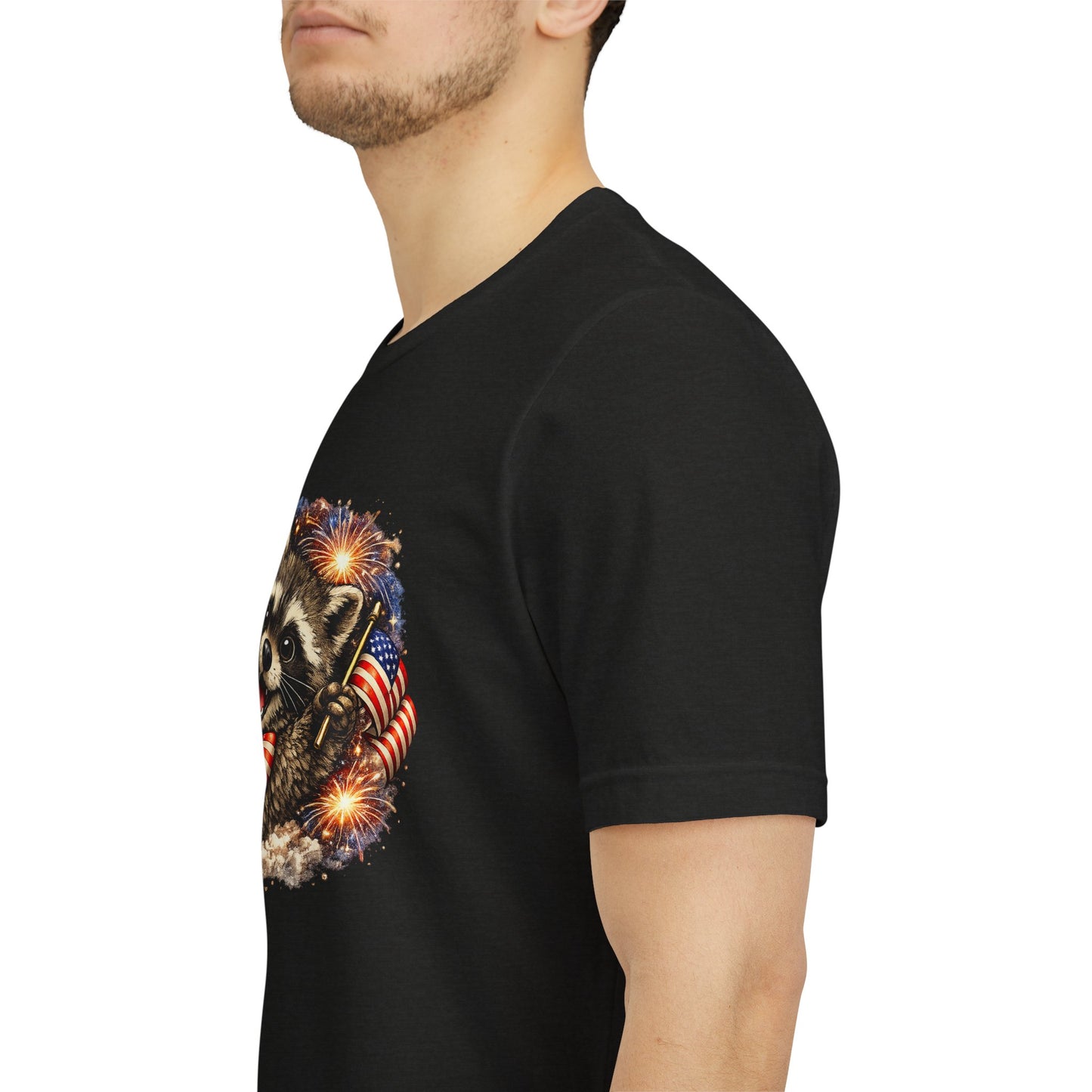 Patriot Raccoon 250th Anniversary T-Shirt — 4th of July Fireworks Flag Tee