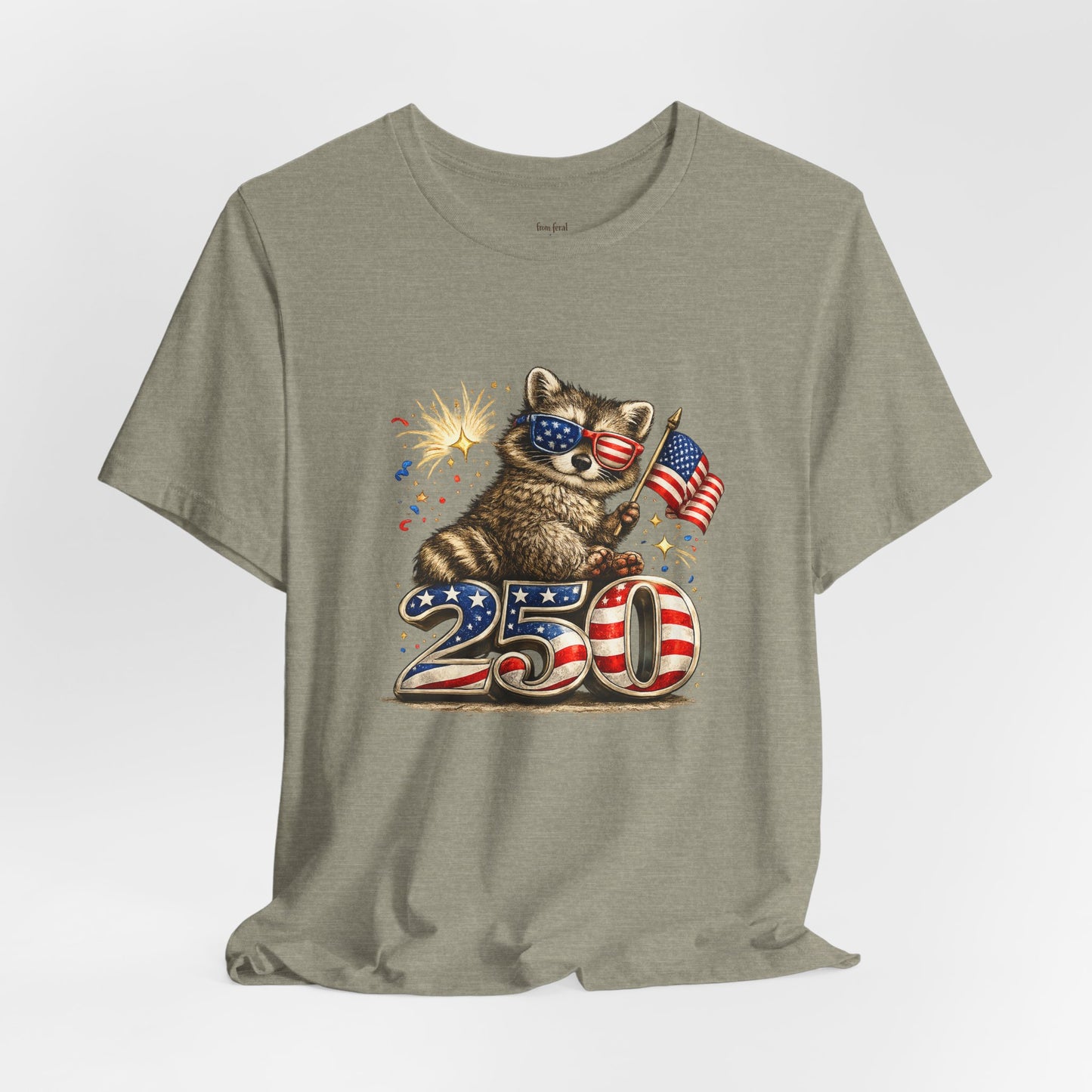 Patriot Raccoon 250th Anniversary T-Shirt — 4th of July Fireworks Flag Tee