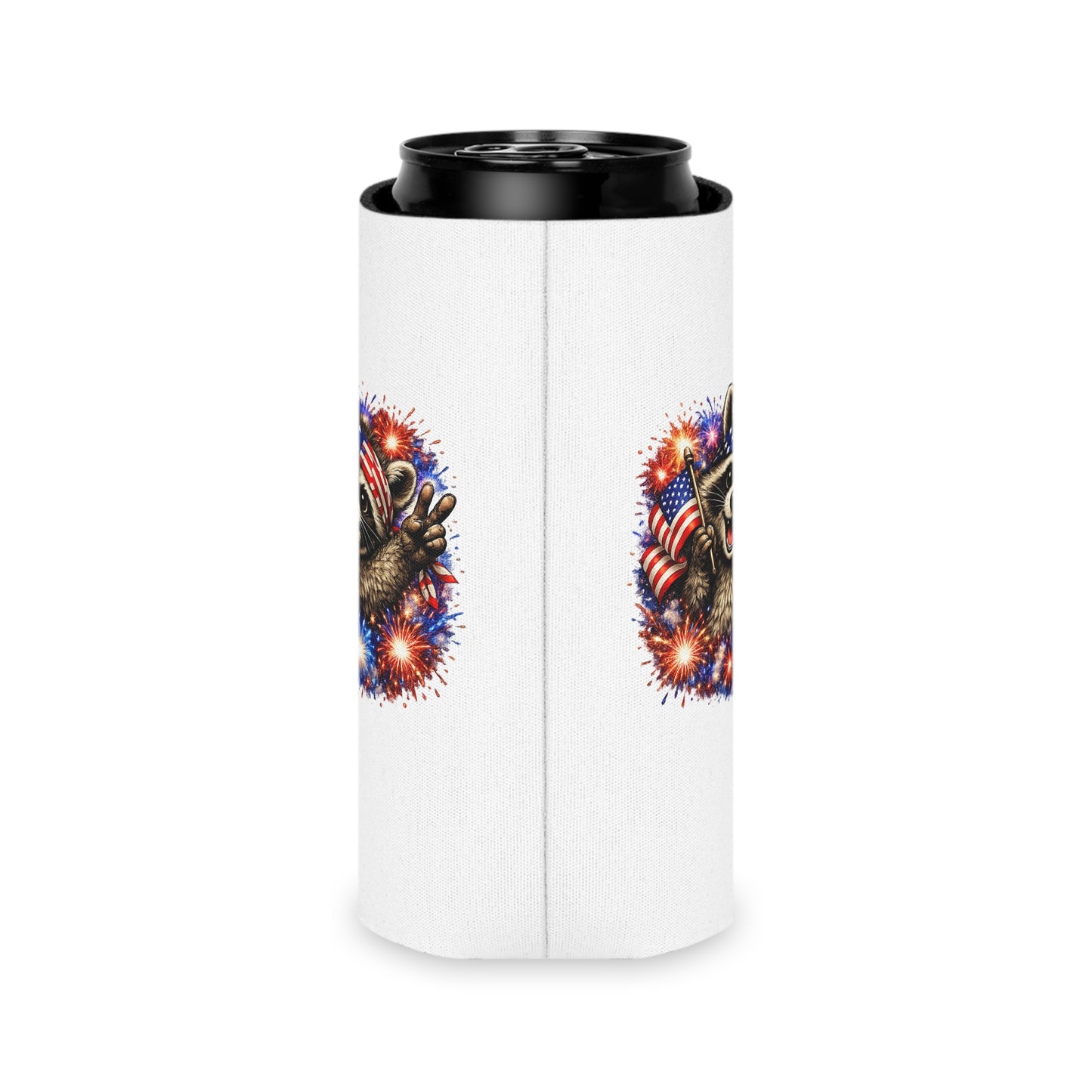Patriotic Raccoon 250 Can Cooler – USA Flag, 4th of July Drink Koozie