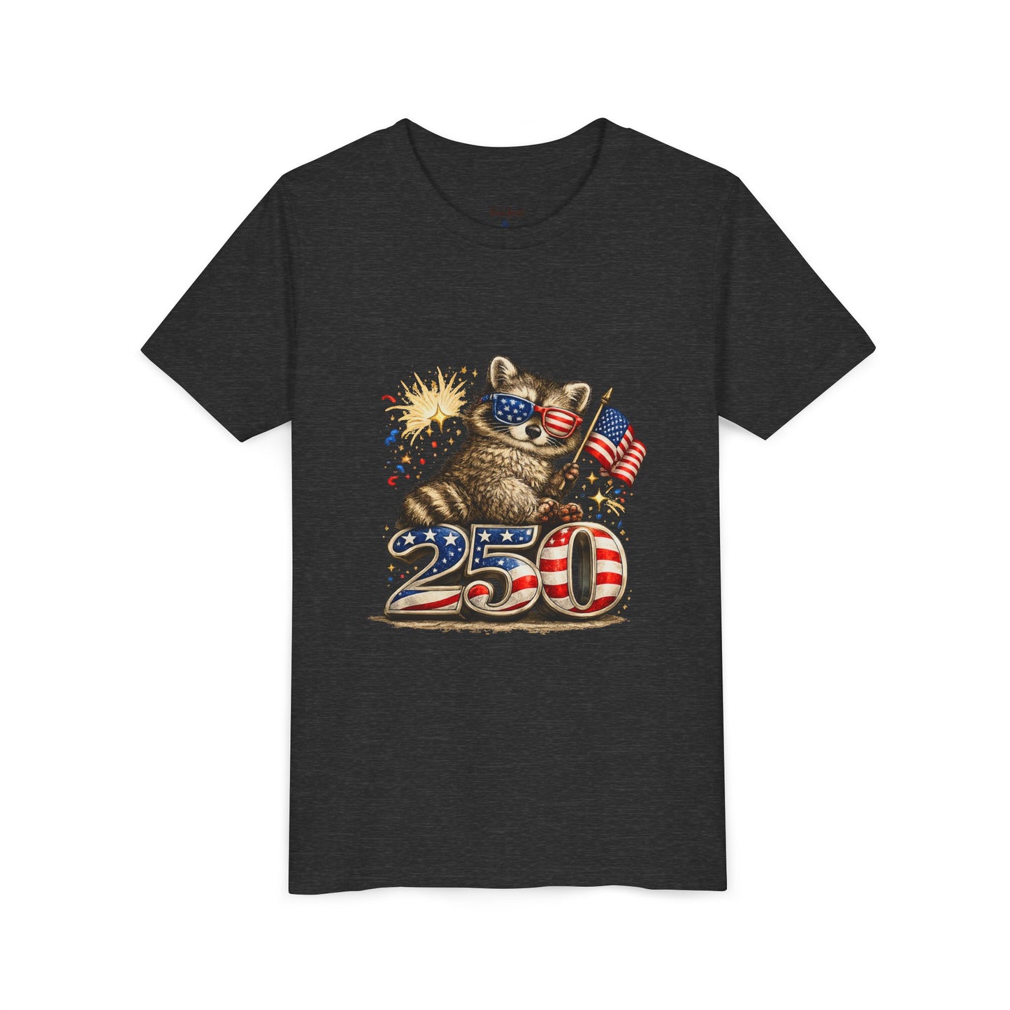 Patriotic Raccoon Youth Tee — Raccoon with American Flag & Fireworks