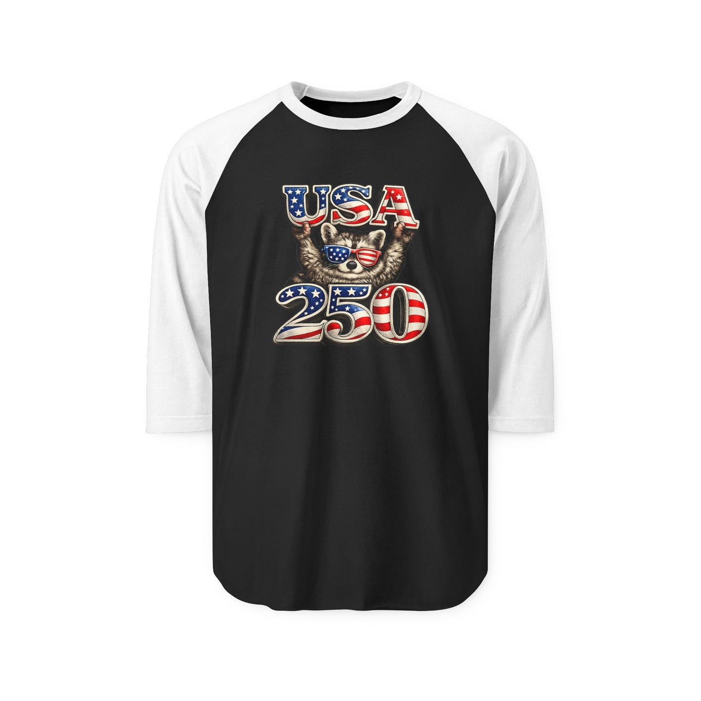 Patriotic Raccoon 250 Raglan Shirt — Fourth of July Fireworks Tee