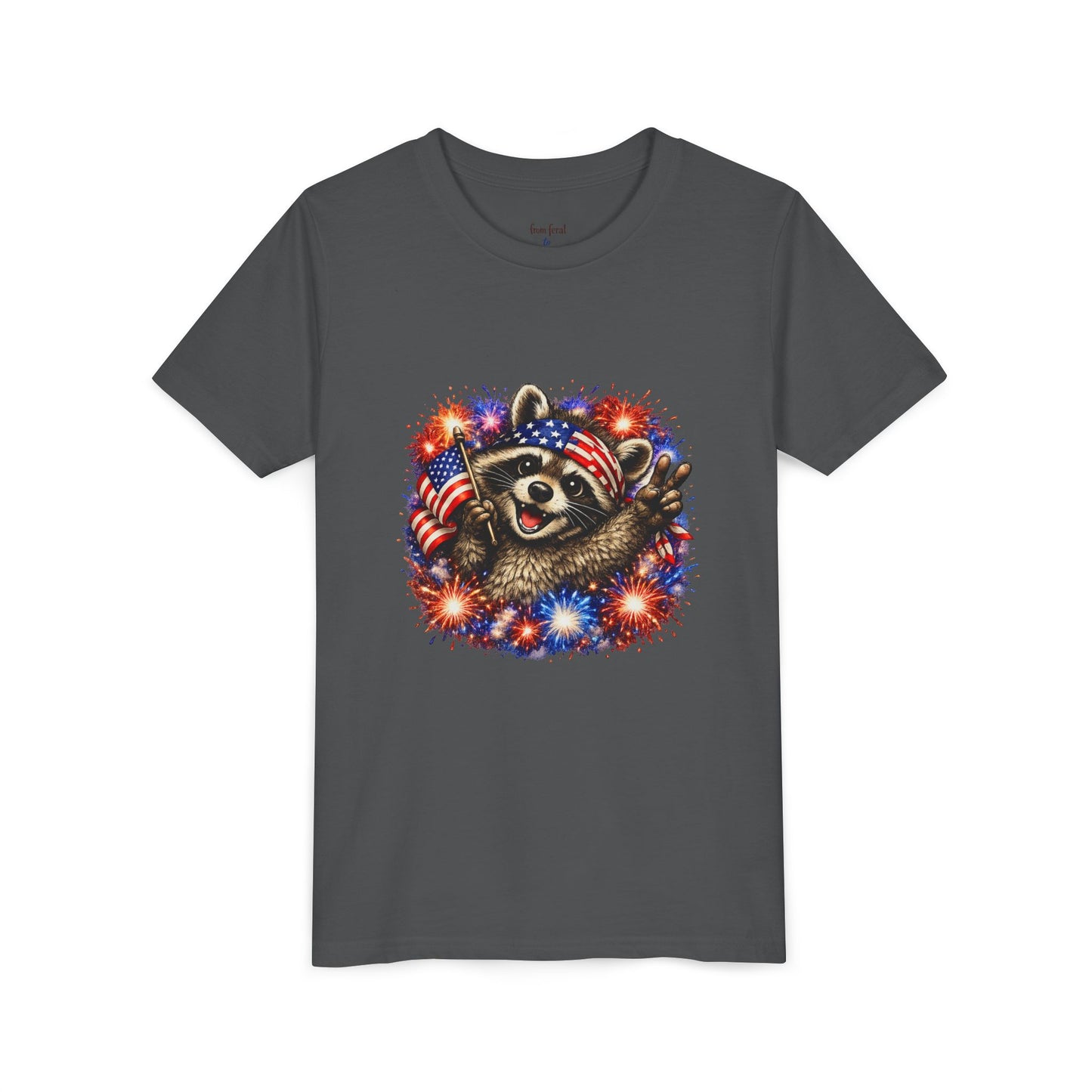 Patriotic Raccoon Youth Tee — Raccoon with American Flag & Fireworks