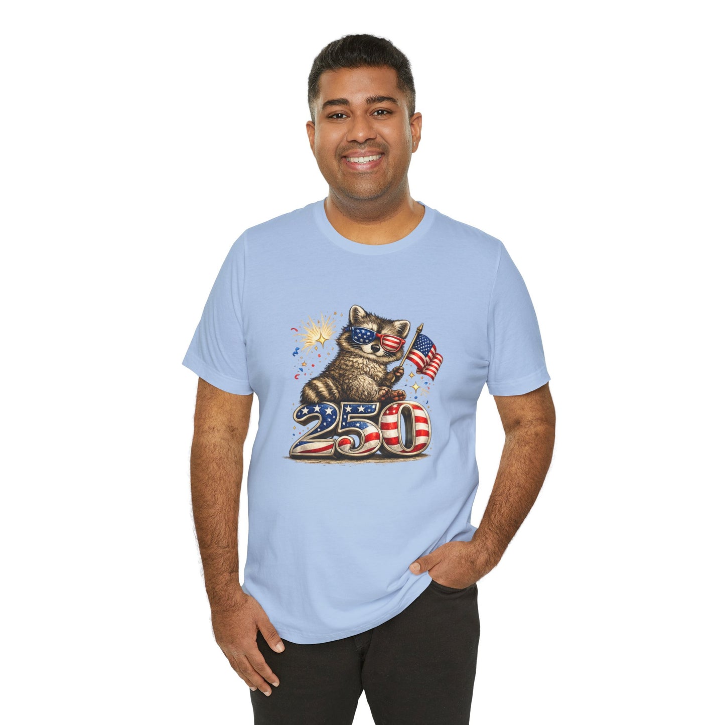 Patriot Raccoon 250th Anniversary T-Shirt — 4th of July Fireworks Flag Tee