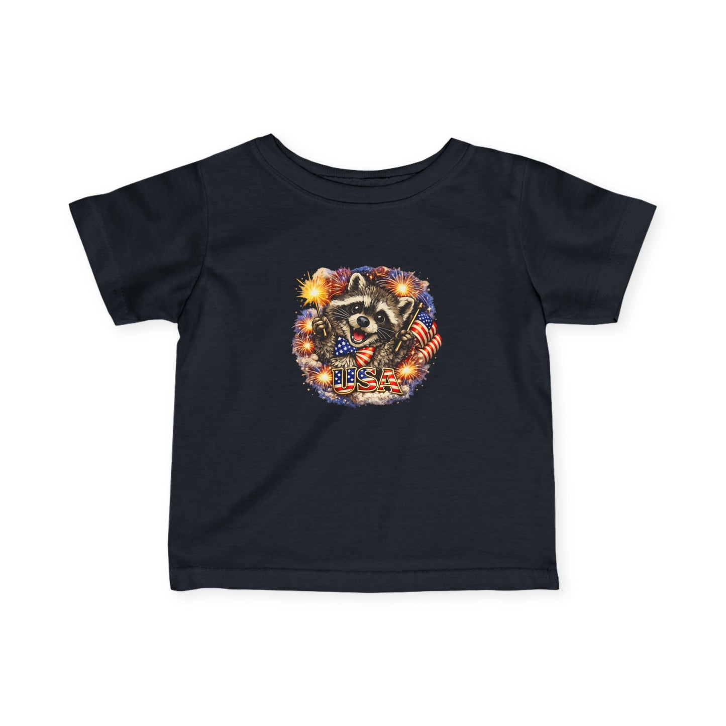 Infant Tee — Adorable Raccoon Holding American Flag "250" — 4th of July Baby Shirt