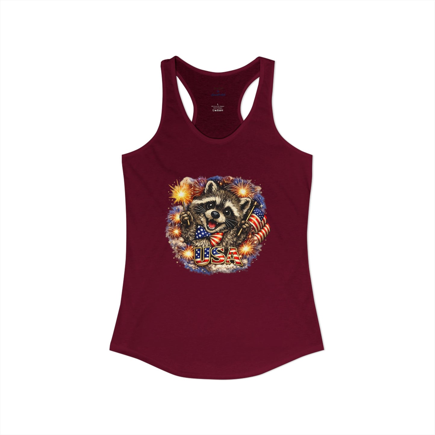 Patriotic Raccoon 4th of July Tank — Raccoon on 250 with Flag & Fireworks Racerback Tank