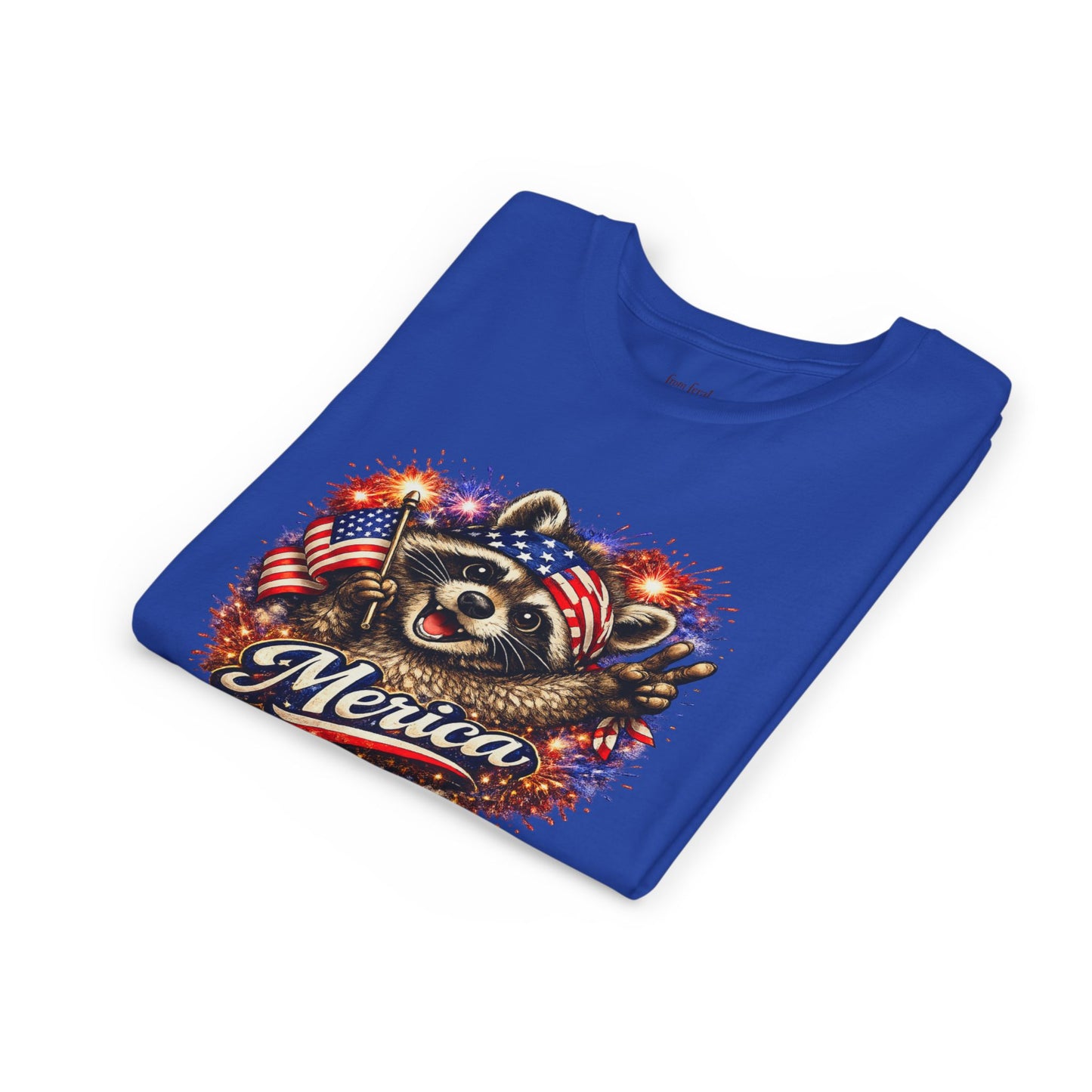 Patriotic Raccoon Youth Tee — Raccoon with American Flag & Fireworks
