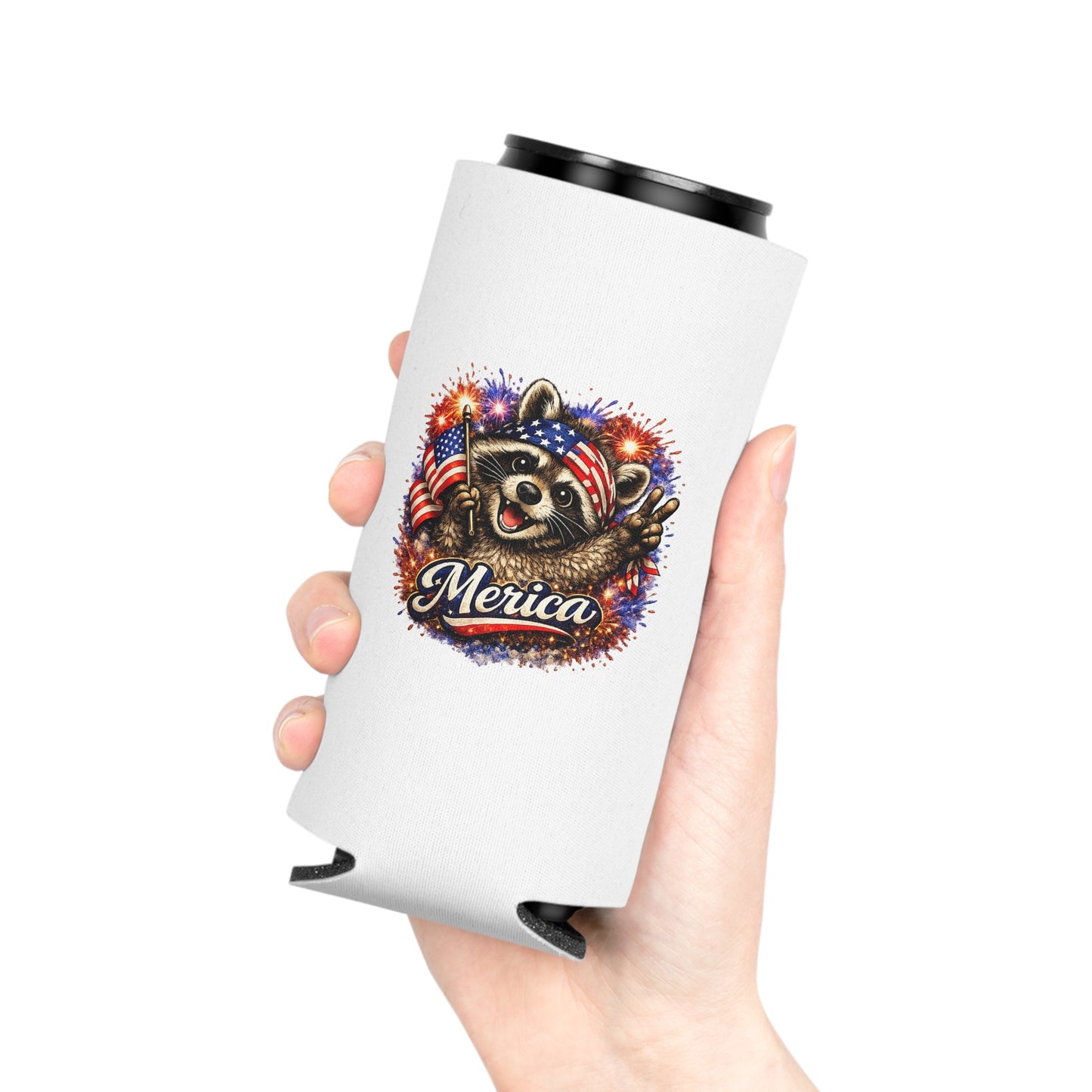 Patriotic Raccoon 250 Can Cooler – USA Flag, 4th of July Drink Koozie