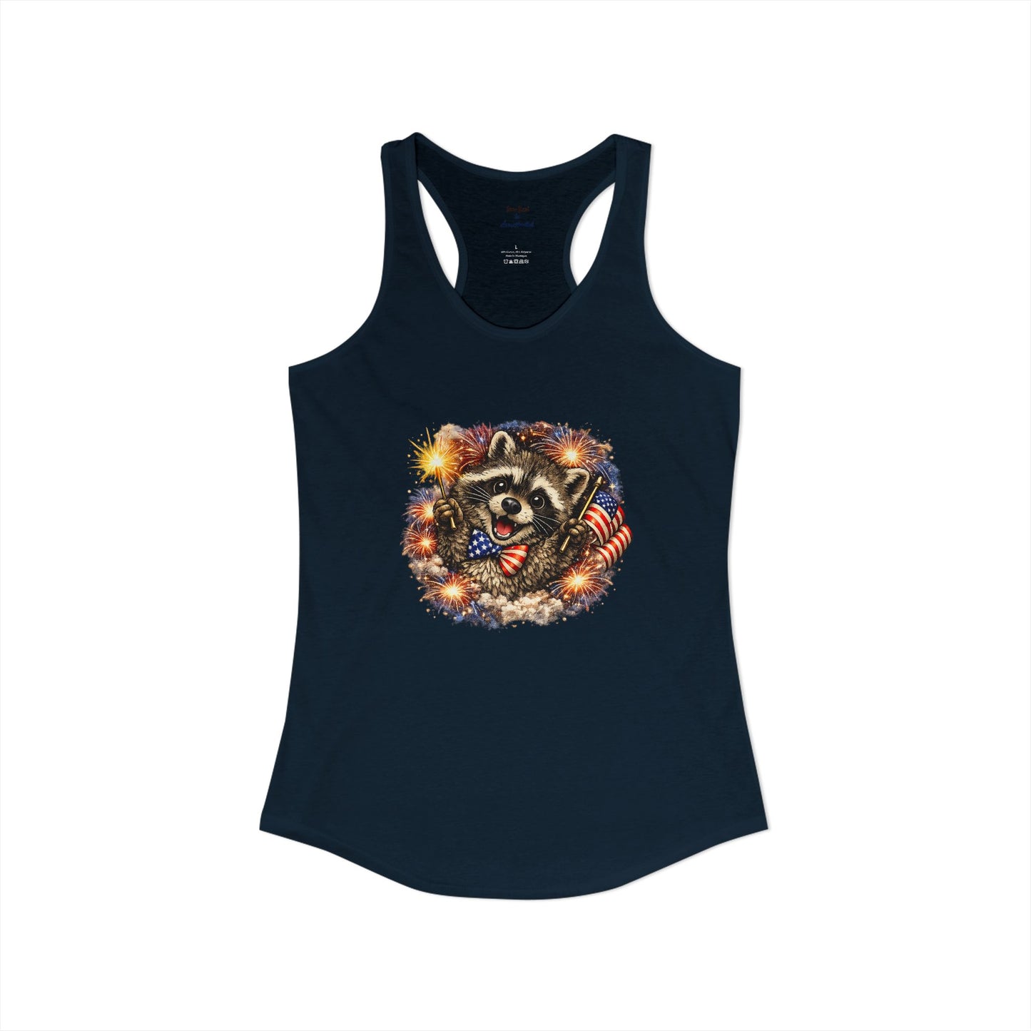 Patriotic Raccoon 4th of July Tank — Raccoon on 250 with Flag & Fireworks Racerback Tank