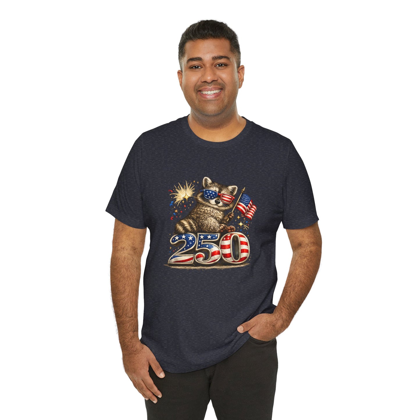 Patriot Raccoon 250th Anniversary T-Shirt — 4th of July Fireworks Flag Tee