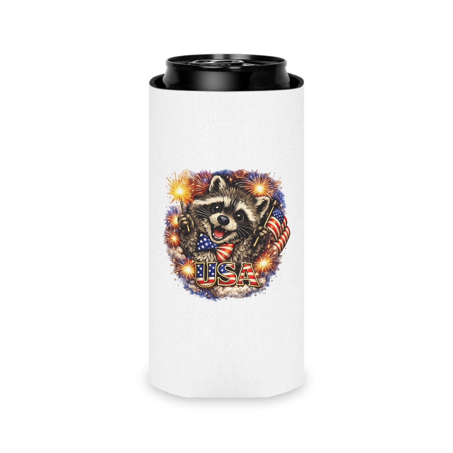 Patriotic Raccoon 250 Can Cooler – USA Flag, 4th of July Drink Koozie